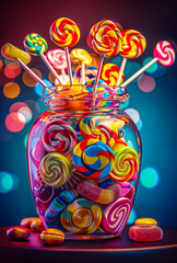 Naklejka premium Colorful candies in the jar jelly beans and lollipops on wooden table
