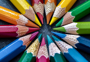 Fototapeta premium Colored pencils in circle on black background