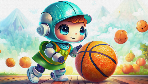 OIL PAINTING STYLE CARTOON CHARACTER CUTE baby Human droid robot playing basketball . isolated on white background