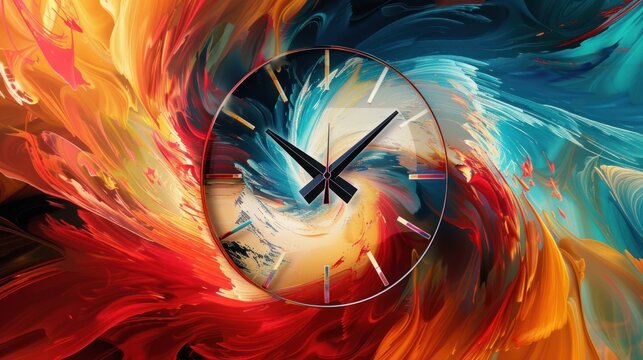 A clock is in the center of the image, with a colorful abstract background of red, orange, and blue colors.