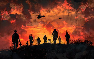 Fototapeta premium Military silhouettes of soldiers against the backdrop of sunset sky.