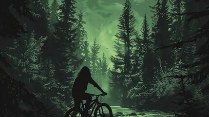 A man with long hair rides a bike through tall pine trees near a river. The background is dark green.