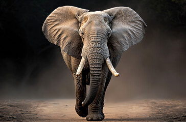 Elephant walking towards the camera with dust flying