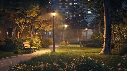 A park at night with a path, bench, and glowing street lamp. There are buildings in the background.