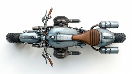 A picture of a motorcycle drawn in a special style, shown from above and set against a white background.