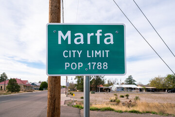 Marfa  Texas City Limit Sign Indicating a Population of 1788 on a Desert Roadside