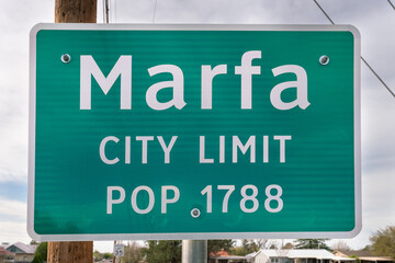Close-up of the Marfa Texas City Limit Sign Indicating a Population of 1788 on a Desert Roadside