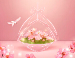 Digital illustration in floral theme, pink color, bird and spring flowers.