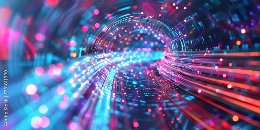 Poster Data in Motion: Glowing Fiber Optic Cables Twisting Through Cyberspace, Signifying High-Speed Information Transfer, Generative AI