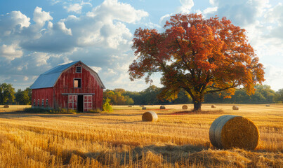 Autumn rural landscape with golden field and red barn. Beautiful trees and haystacks on the field.