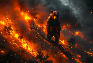 Bear walking on tree on fire background - obrazy, fototapety, plakaty