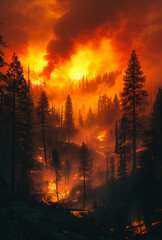 Forest fire burning at night. A forest fire a few hours before end - obrazy, fototapety, plakaty