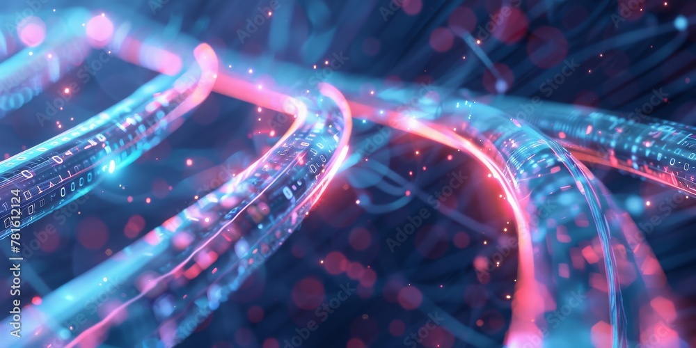 Fototapete Data in Motion: Glowing Fiber Optic Cables Twisting Through Cyberspace, Signifying High-Speed Information Transfer, Generative AI
