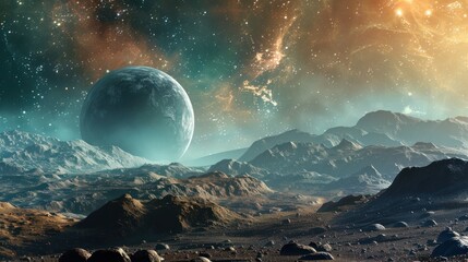 A large planet to the left above a rocky landscape. The sky is strewn with stars. - obrazy, fototapety, plakaty