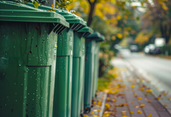 Green garbage bins lined up along sidewalk