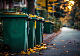 Green garbage bins and yellow leaves on the street in autumn. A green garbage bins