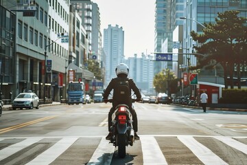 Courier on motorcycle navigating through city traffic at daytime