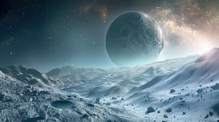 A large planet, partially hidden by a mountain range. The mountain range has a gray tone, and the planet is blue-brown. The sky is blue, with white stars scattered throughout the image. - obrazy, fototapety, plakaty