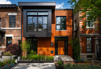 Fototapeta premium Modern home with red brick exterior.