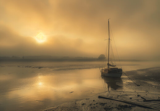 Sailboat is moored on foggy lake at sunrise