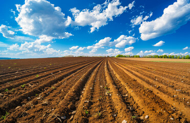 Furrows. Rows on the field. A plowed land field with blue sky