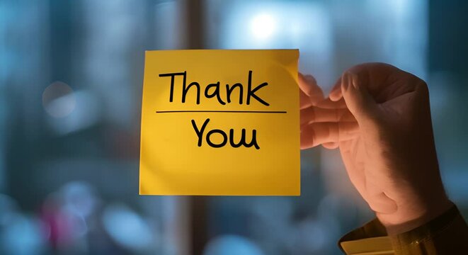 Person holding a yellow sticky note with "THANK YOU" written on it. Gratitude and appreciation concept