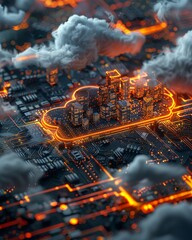 Abstract digital depictions of cloud technology engineering serve as visual metaphors for the interconnected web of data flows and computational processes, clean sharp