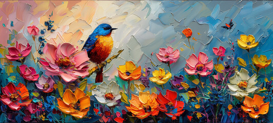 Colorful bird perched among vibrant, blooming flowers against a mystical background in stunning artwork