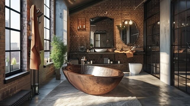A luxurious modern bathroom with a large copper bathtub