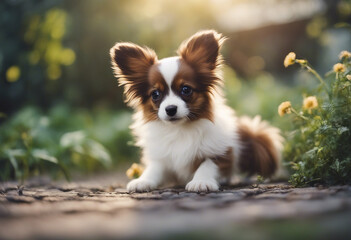 Cute papillon puppy sitting in the garden