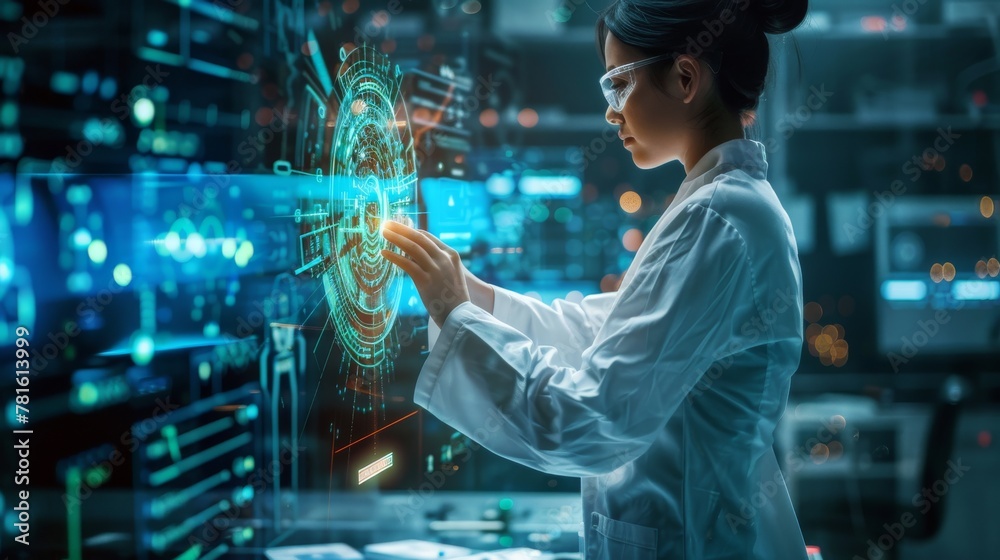 Poster engineer analyzing rotating microchip hologram in high-tech lab