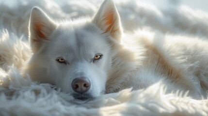 Naklejka premium a white dog is laying in a fluffy bed covered by a fluffy blanket