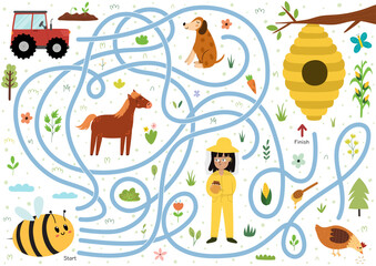 Help the bee to find a way to the beehive. Farm maze activity for kids. Mini game for school and preschool. Vector illustration - 781614115