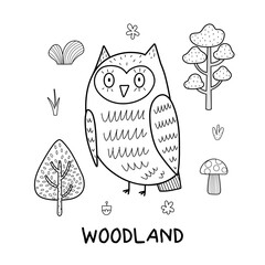 Woodland black and white print with a cute owl. Funny forest character print for kids in outline. Funny little owlet for coloring page. Vector illustration - 781614138