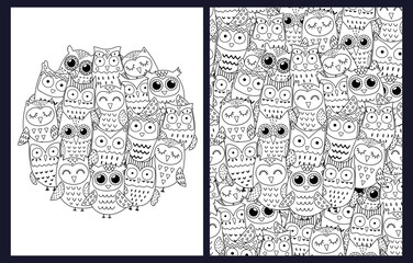 Cute doodle owls coloring pages set. Black and white templates bundle with funny woodland characters. Outline background. Vector illustration - 781614140