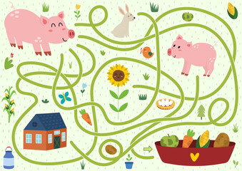 Help the pig to find a way to the feeding trough with vegetables. Farm maze activity for kids. Mini game for school and preschool. Vector illustration - obrazy, fototapety, plakaty