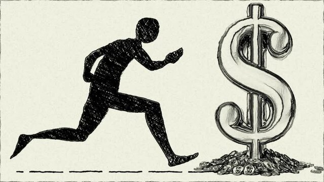 Man running for money and profit hand draw animation