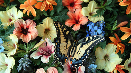 Fototapeta na wymiar Artistic arrangement of a butterfly and an array of flowers, creating a captivating tableau that celebrates the wonders of nature.