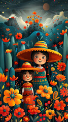 Festive illustration of mother and daughter in traditional dresses among flowers.