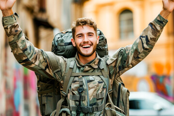 A young man in a military uniform is smiling and wearing a backpack