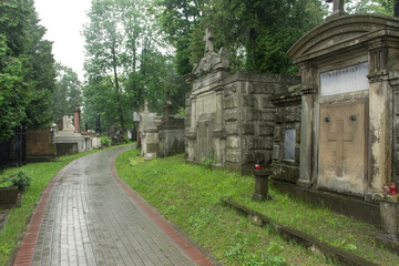 Cmentarz Łyczakowski we Lwowie w deszczu