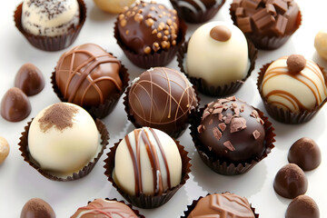 Fancy chocolates isolated on white from top down view