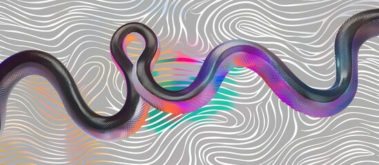 A colorful, wavy line intersects a grayscale moire pattern background - obrazy, fototapety, plakaty