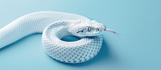 A white snake with a cybernetic eye against a blue background