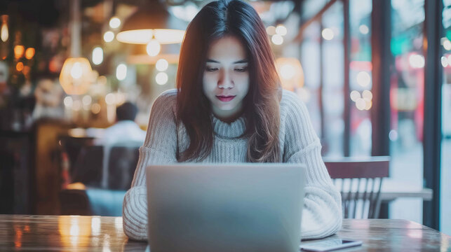 Female freelancer working on a laptop in a cafe, freelancing concept.