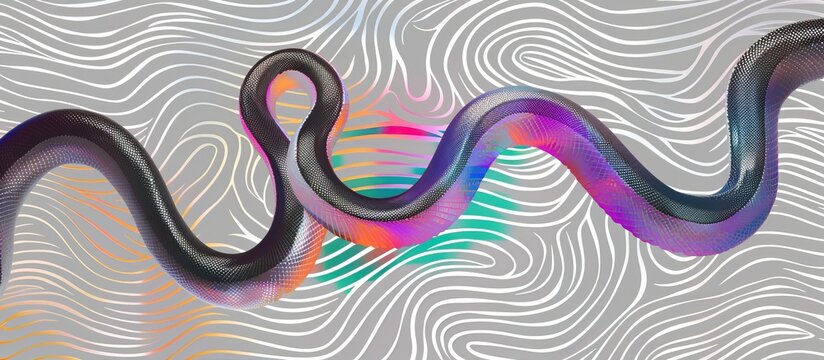 A colorful, wavy line intersects a grayscale moire pattern background