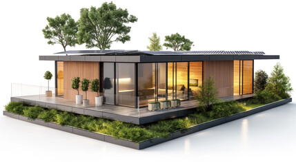 Futuristic design of modern eco-friendly smart home with solar panels on the roof.