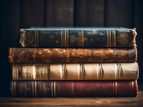 Vintage photograph displays a lineup of worn-out books