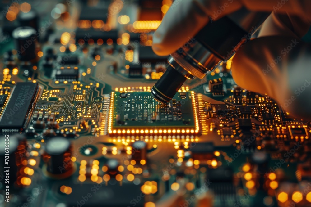 Poster close-up of a semiconductor chip with microscope in a tech lab