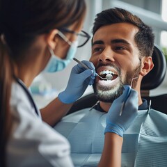 A dentist performs a check-up on a male patient - obrazy, fototapety, plakaty